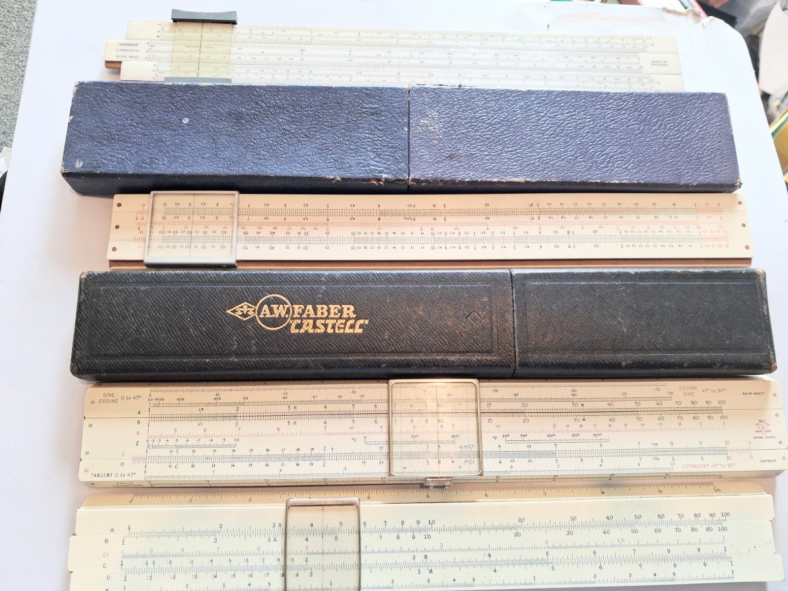 4 Vintage 1960 duplex  Slide Rule with 2 cases & book
