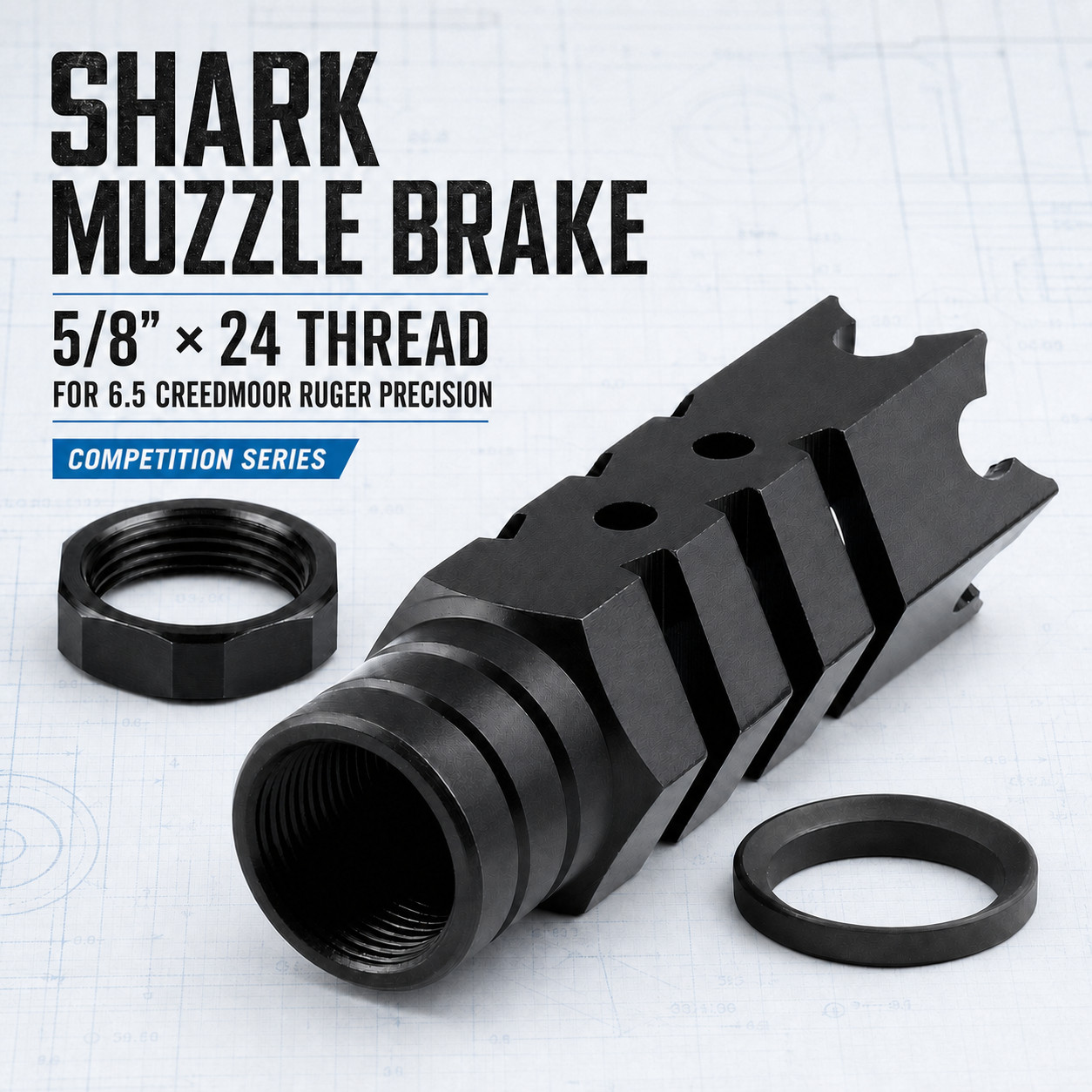 Shark Muzzle Brake 5/8x24 TPI Competition Fits 6.5 Creedmoor Ruger Precision