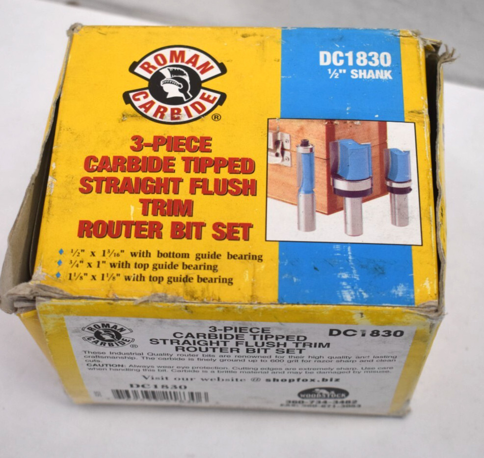Roman Carbide DC1830 3 Piece Straight Flush Trim Router Bit Set 1/2" Shank