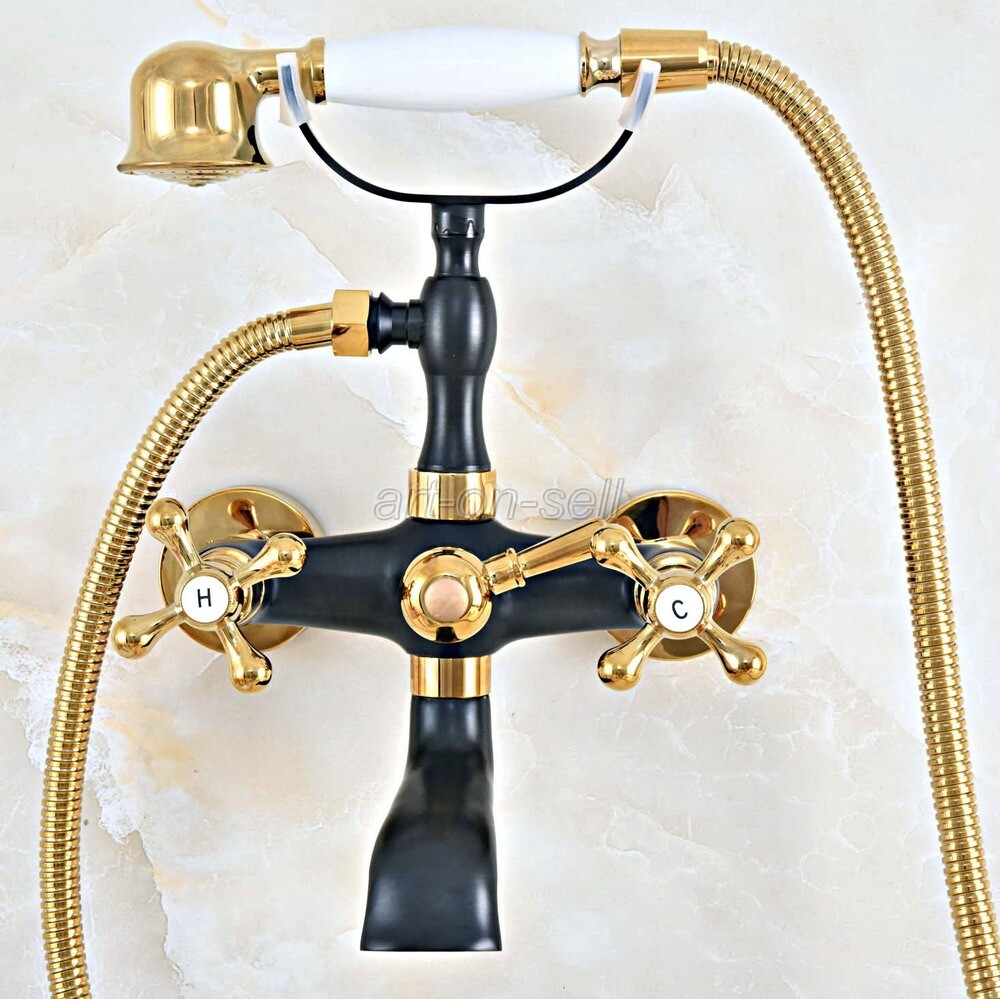 Black & Gold Brass Clawfoot Bath Tub Mixer Tap Faucet w/ Handheld Shower ana460
