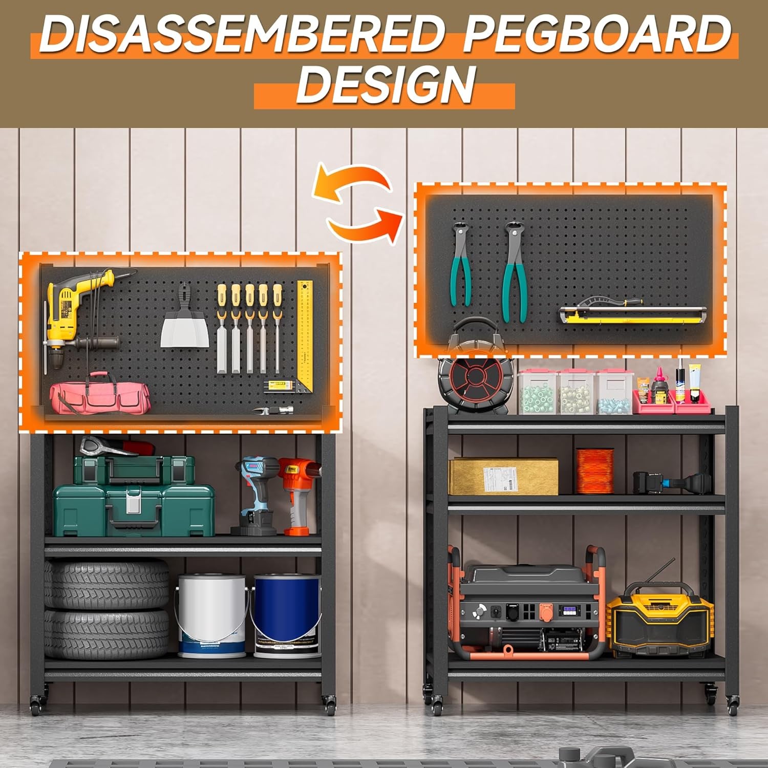 Workbench with Pegboard, Adjustable Heavy Duty Work Table with Wheels, Black