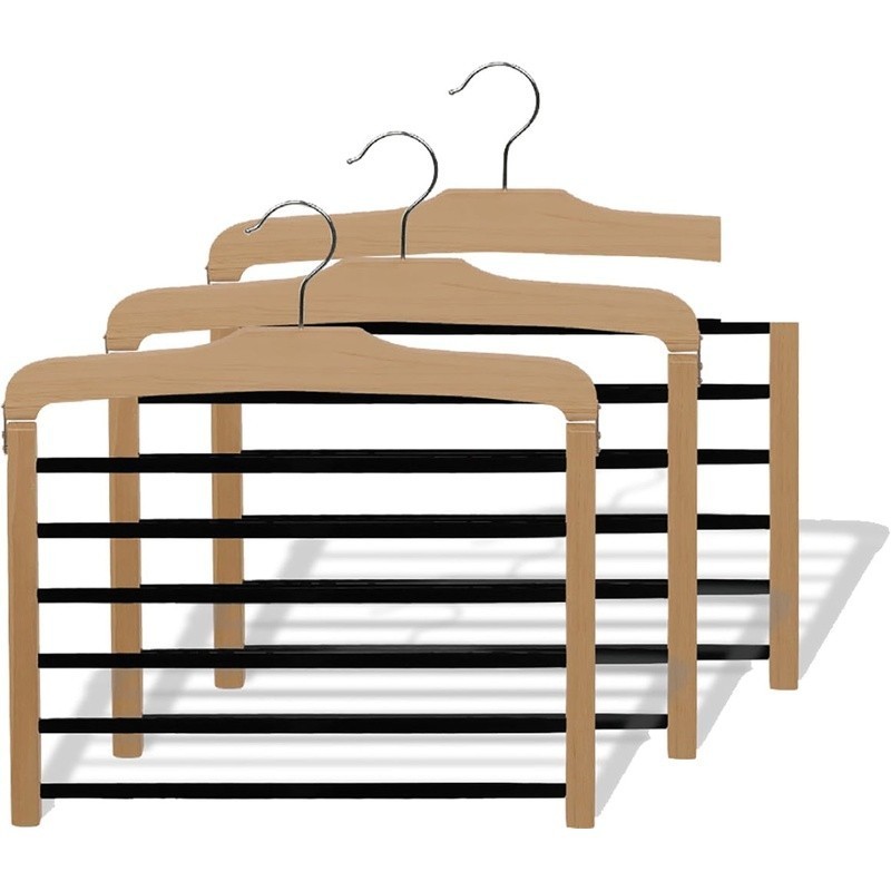Wooden 6 Tier Pant Hanger W/ Velvet Non-Slip Bars Heavy Duty Chrome Hook