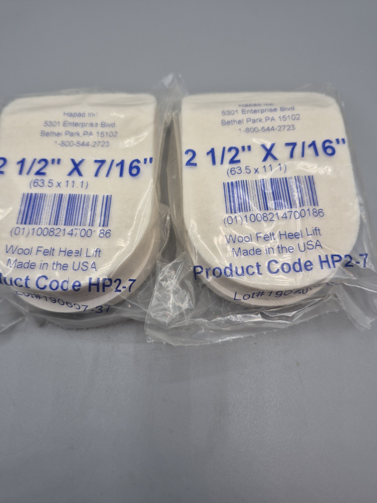 Lot of 2 Pair Wool Felt Heel Lifts 2 1/2" x 7/16" Hapad HP2-9 Cushion Support