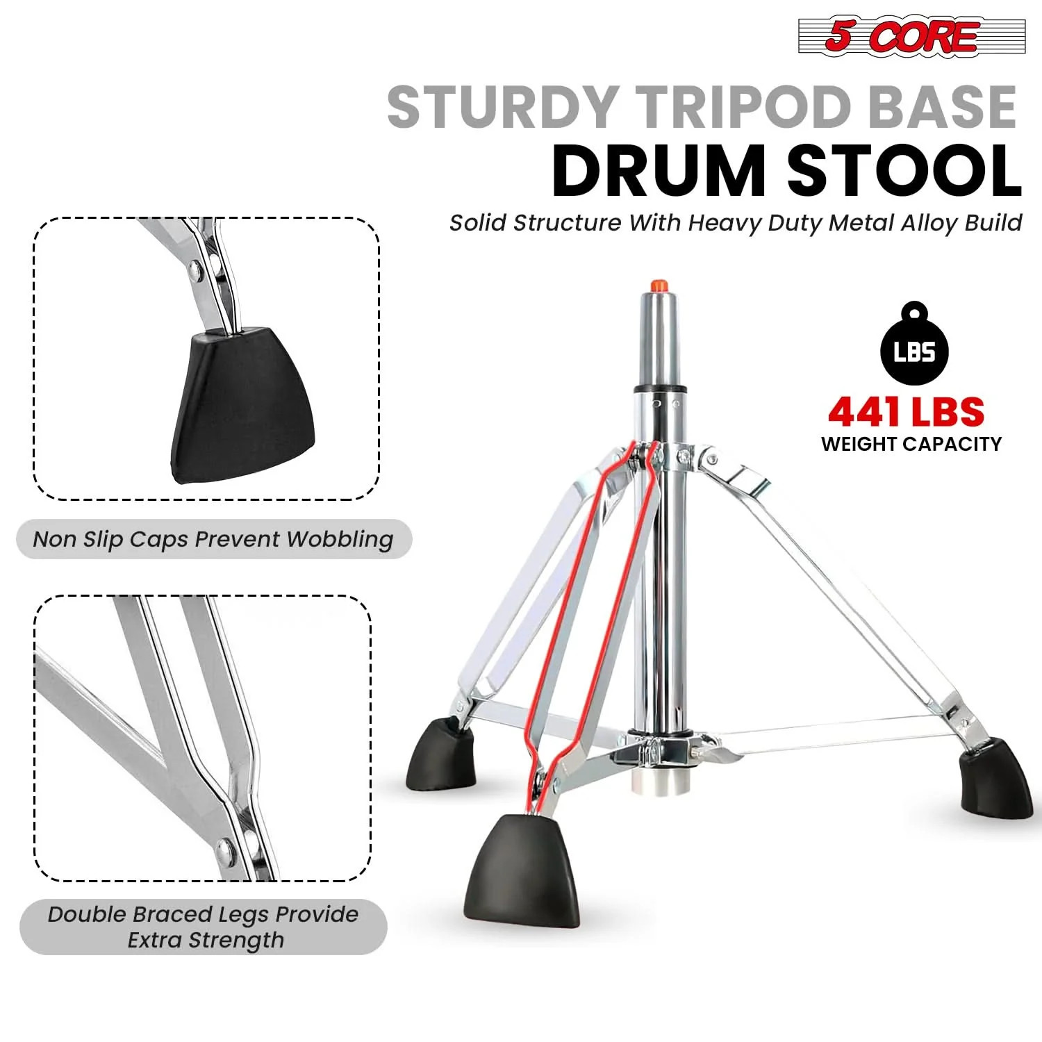 5 Core Drum Throne w Backrest 4" Padded Stool Adjustable 25.5" 441Lb Capacity