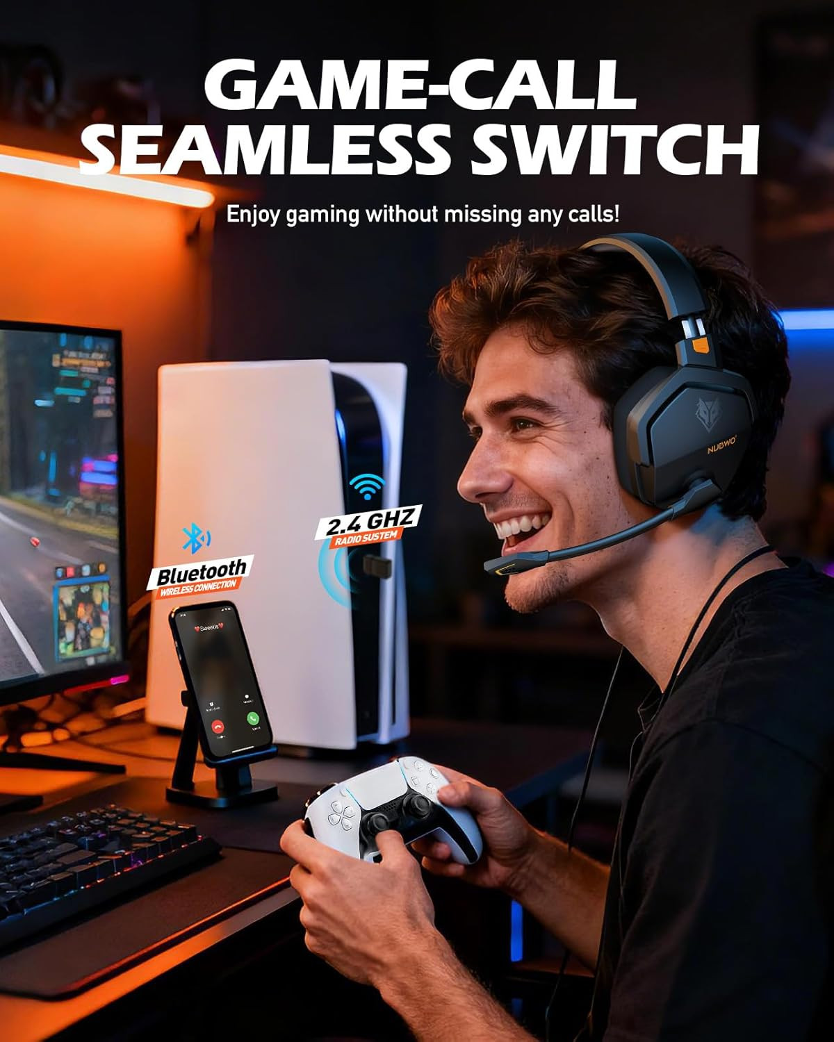 NUBWO Wireless Gaming Headset with Mic for Ps5 Ps4 PC, Zero Interference, 100-Ho