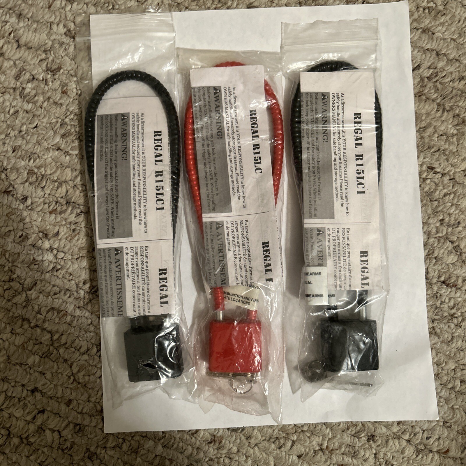 Lot of 3 Regal Firearm Gun Safety Cable Lock with Keys R15LC1  Free Shipping