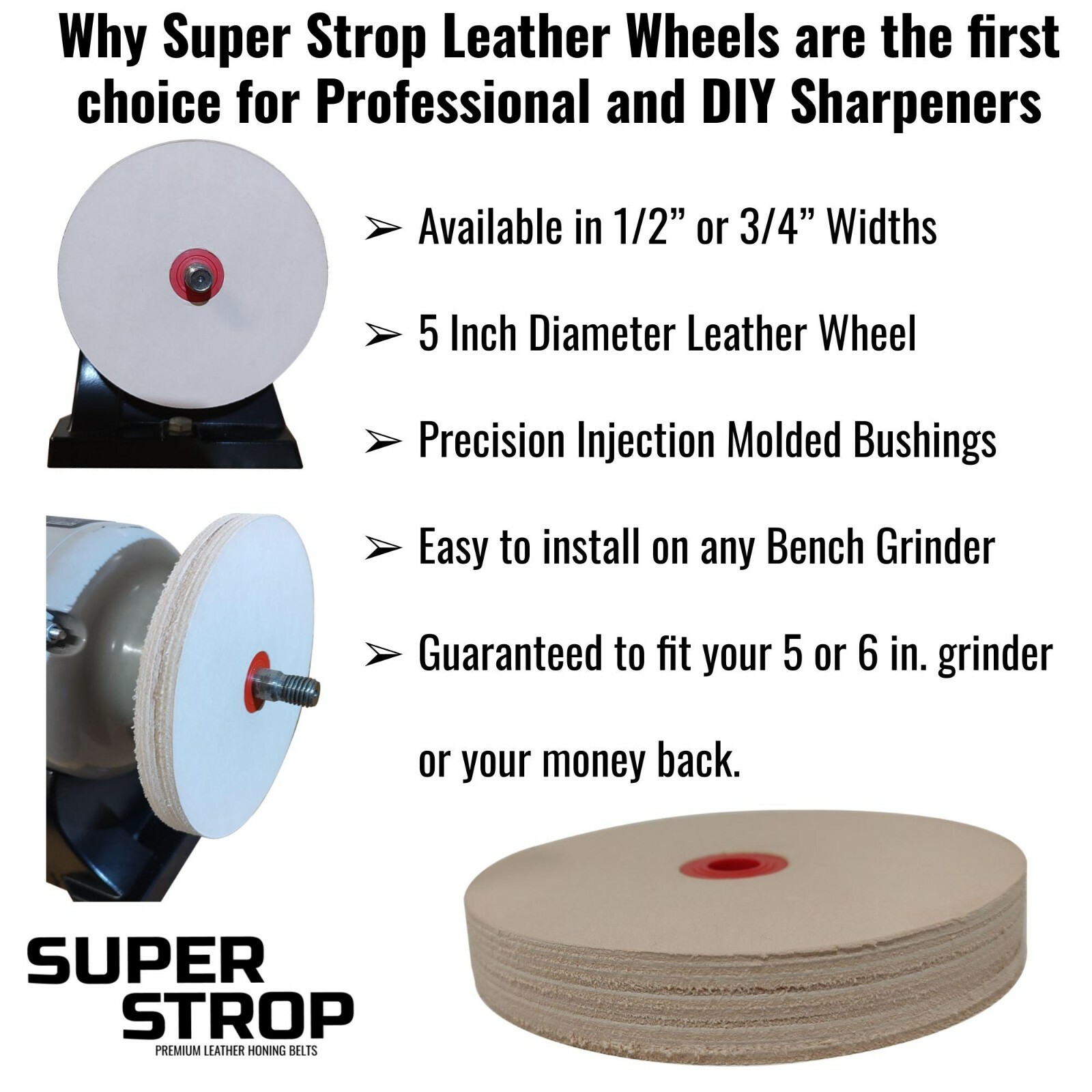 5" (1/2" Width) Leather Honing Wheel Includes Compound fits Multiple Arbors USA