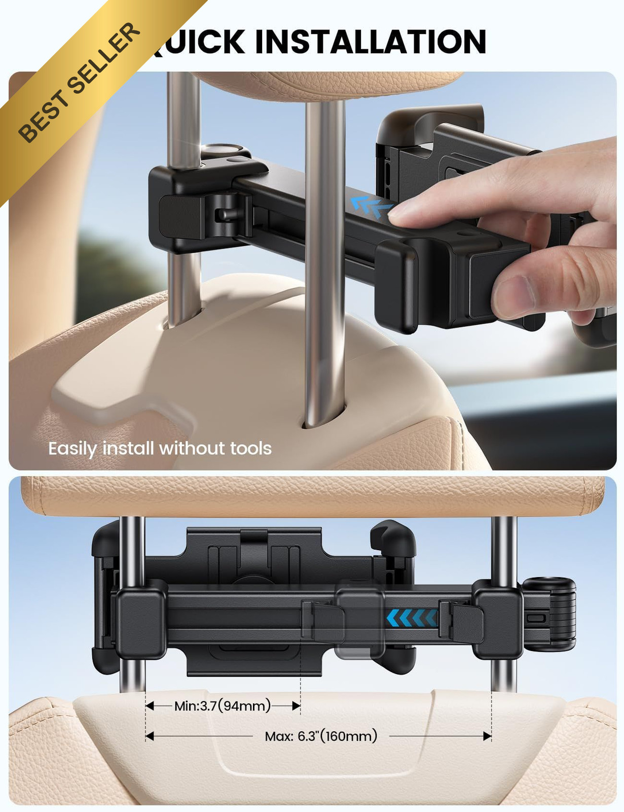 Lamicall Car Headrest Tablet Holder - [Lockable] 4.7-13" Tablets, Black