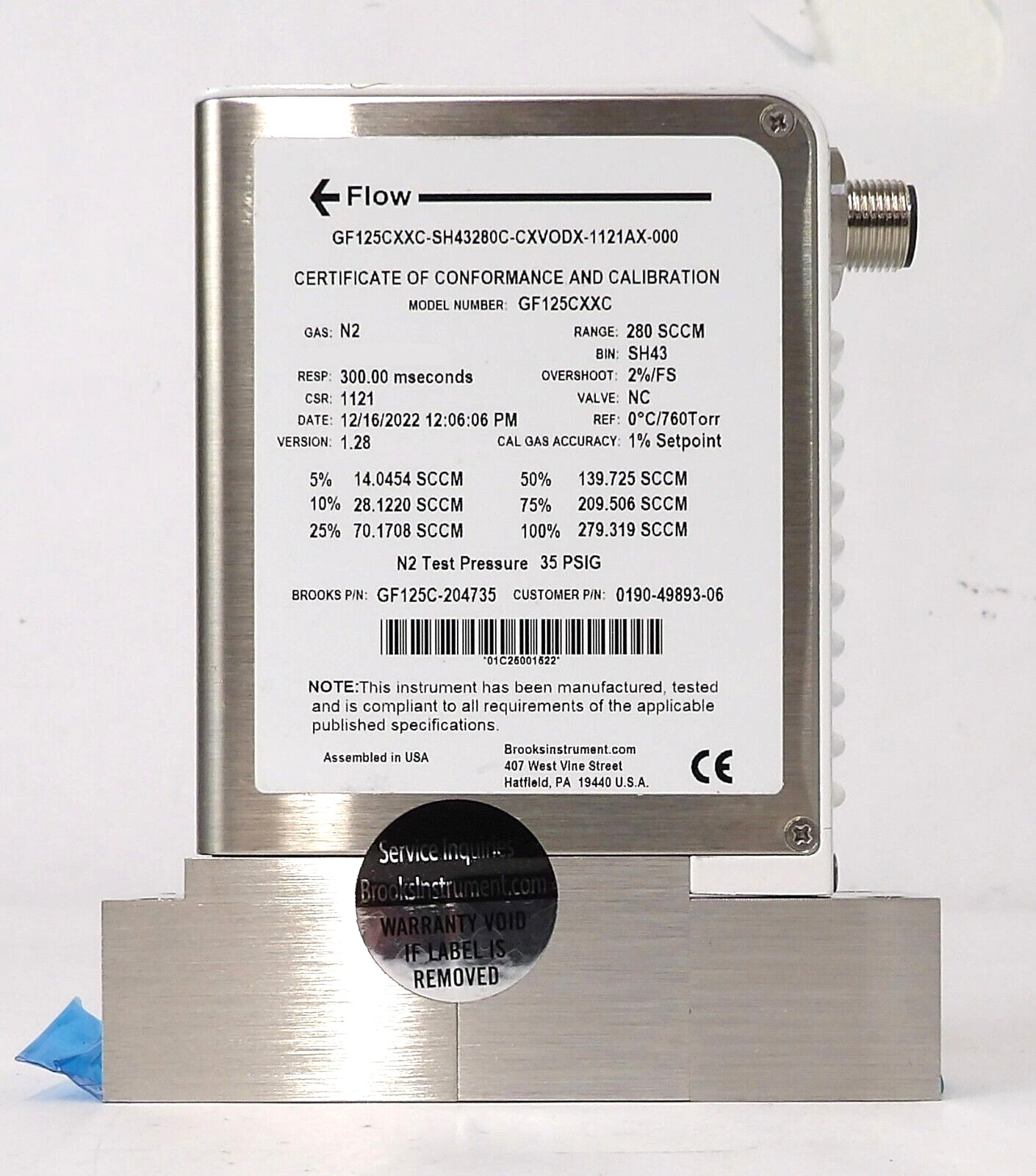 Brooks GF125C-204735 Mass Flow Controller MFC 280 SCCM N2 New Surplus