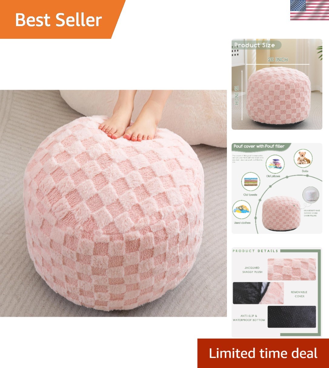 Round Stuffed Pouf Ottoman, Plaid Poufs with Foam Chunk Filling, Fluffy and F...