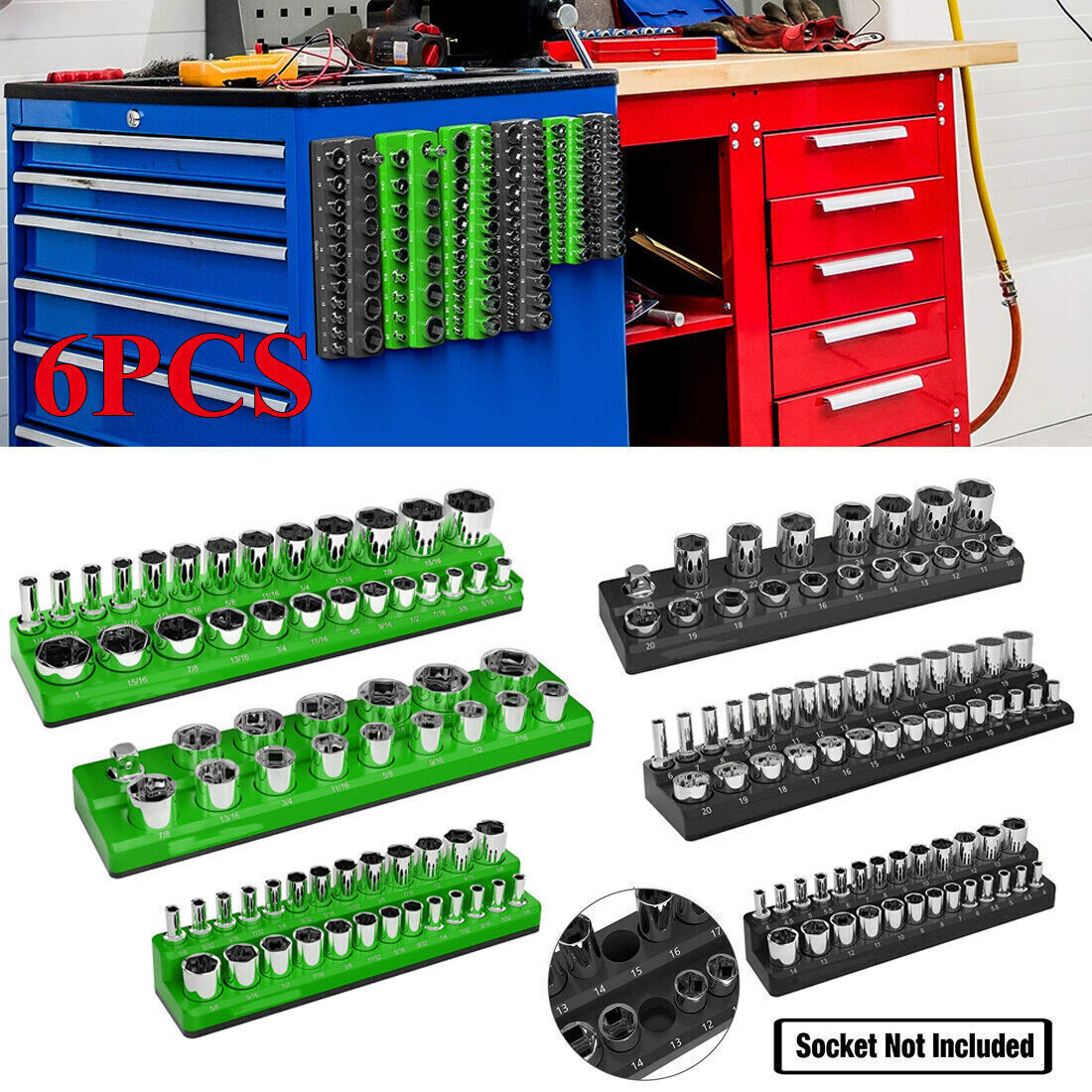 6X Magnetic Socket Organizer Storage Holder Tray 1/4" 3/8" 1/2" Drive Metric&SAE