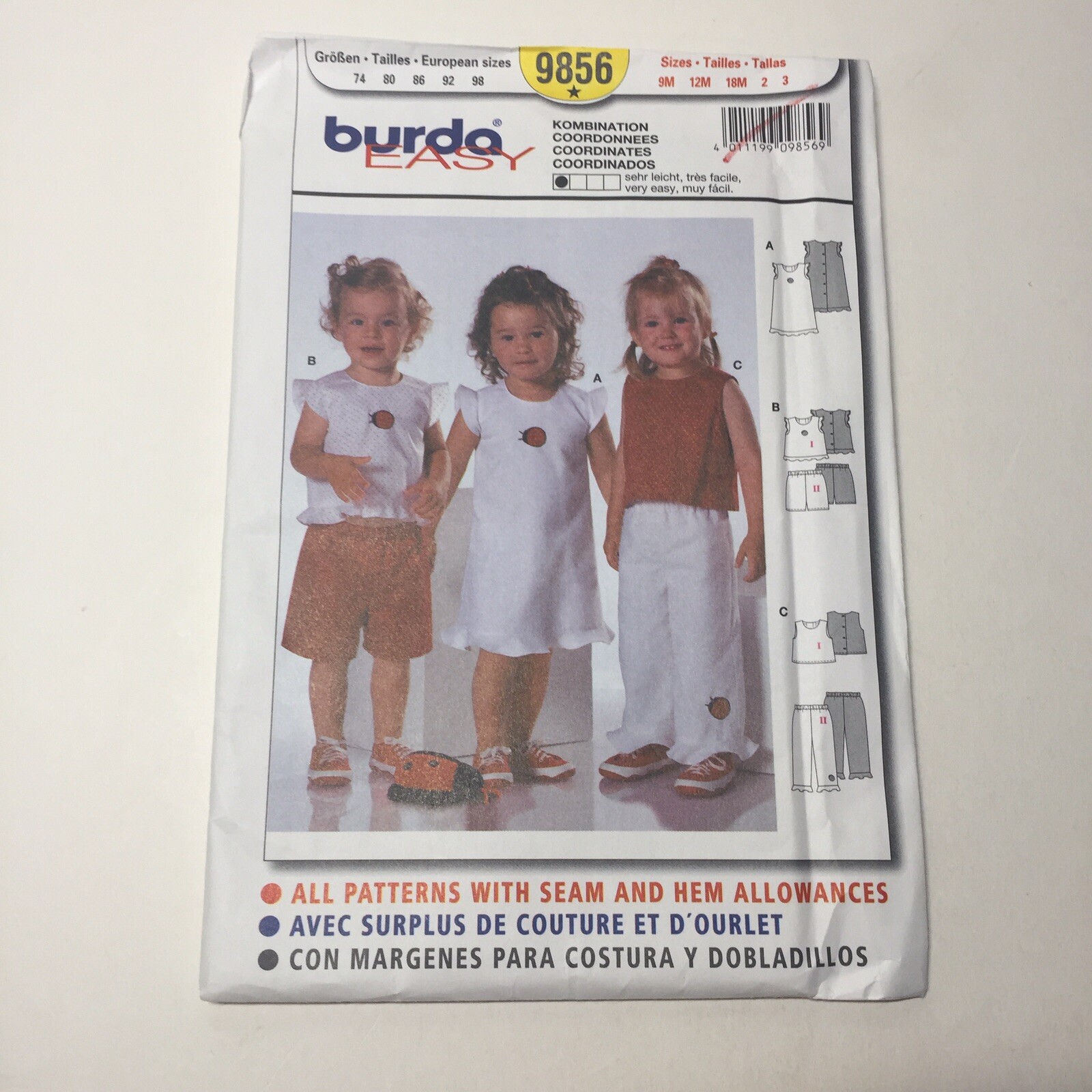 Burda 9856 Size 9M-3 Toddler's Dress Shorts Pants Top