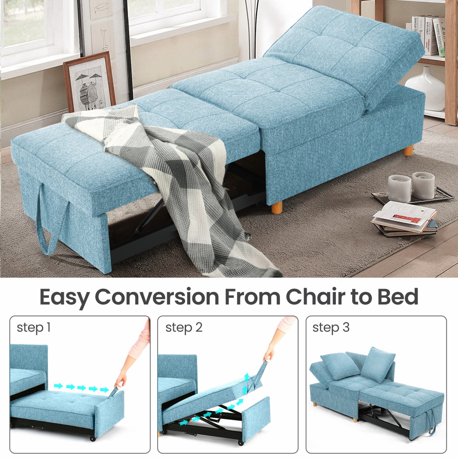 Folding Ottoman Sofa Bed Chair 4-in-1 Sleeper Sofa Adjustable Backrest+2 Pillows