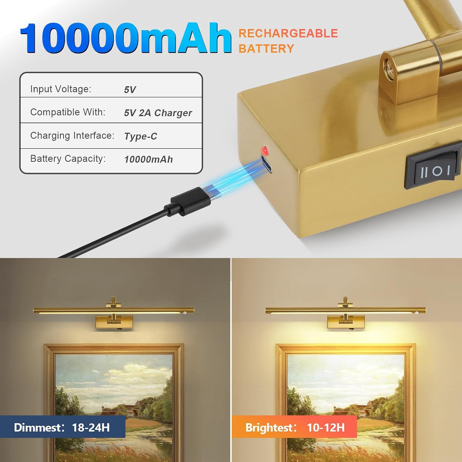 DESOOP Wireless Brass Picture Lights for Wall Motion Activated, Motion Sensor Ar