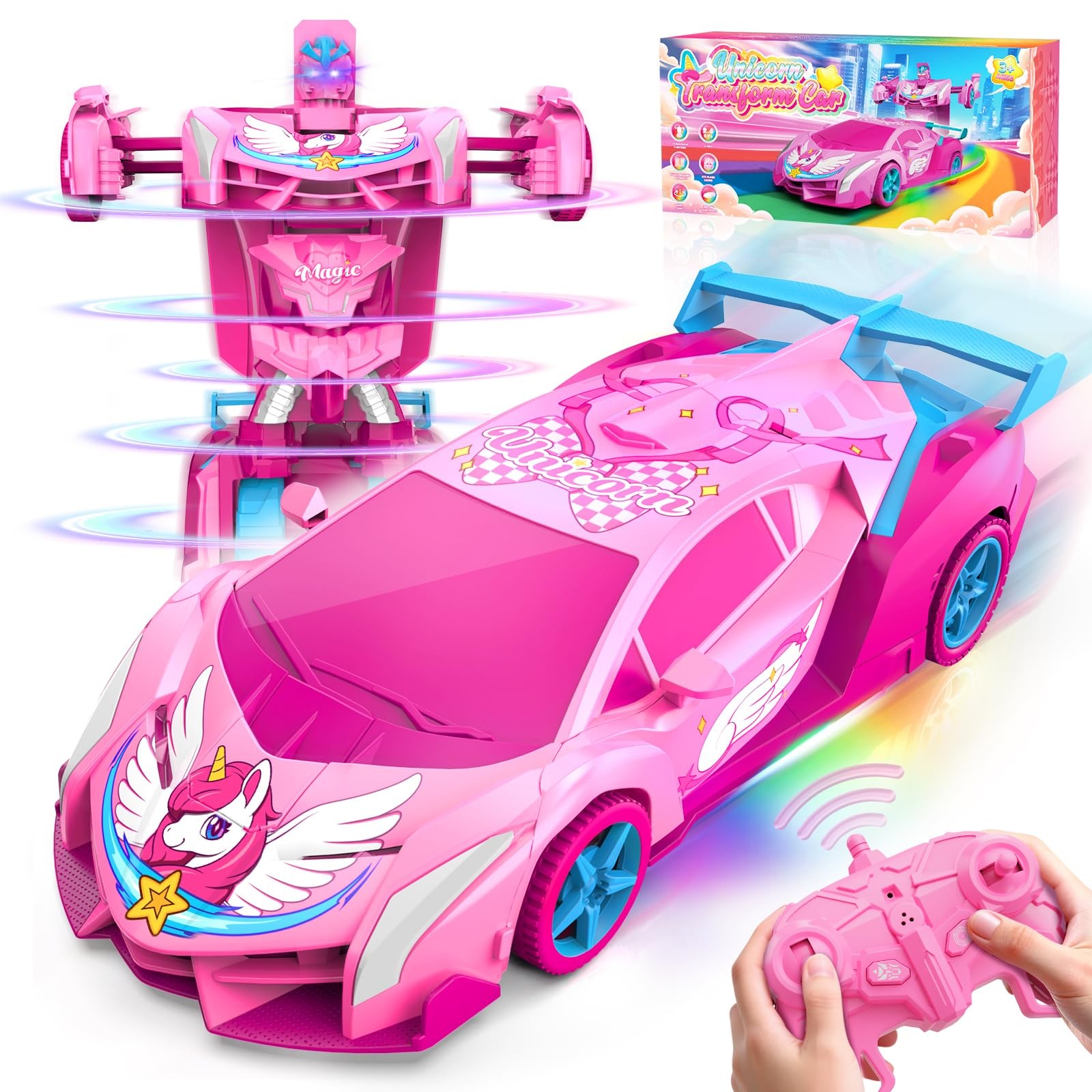 Unicorn Transform RC Cars for Girls Toys with Rainbow Eyes & Underbody Lights...