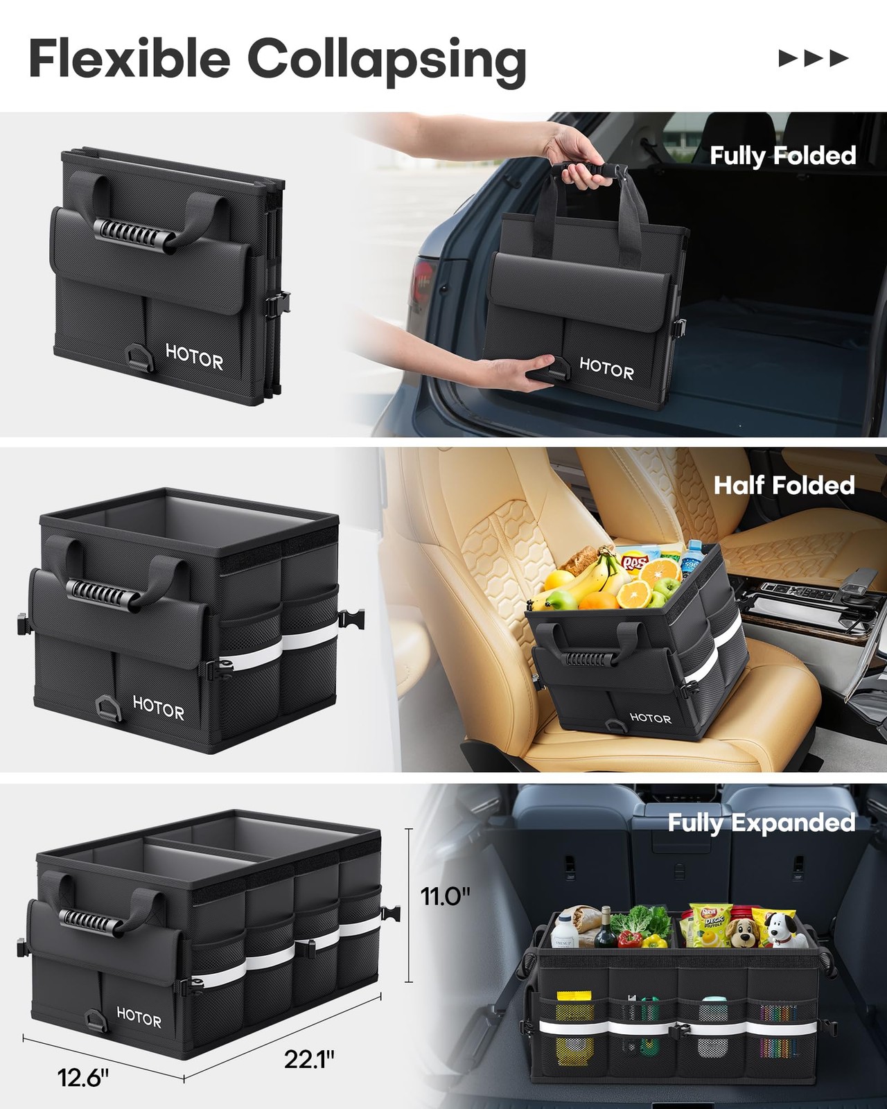HOTOR Car Trunk Organizer - Foldable for SUV, Medium, Black