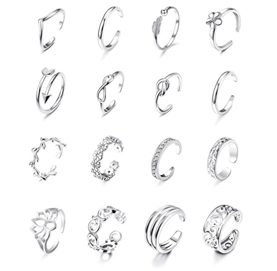 Jstyle 16Pcs Adjustable Toe Rings Various Styles Open Band Hawaiian Foot Jewelry