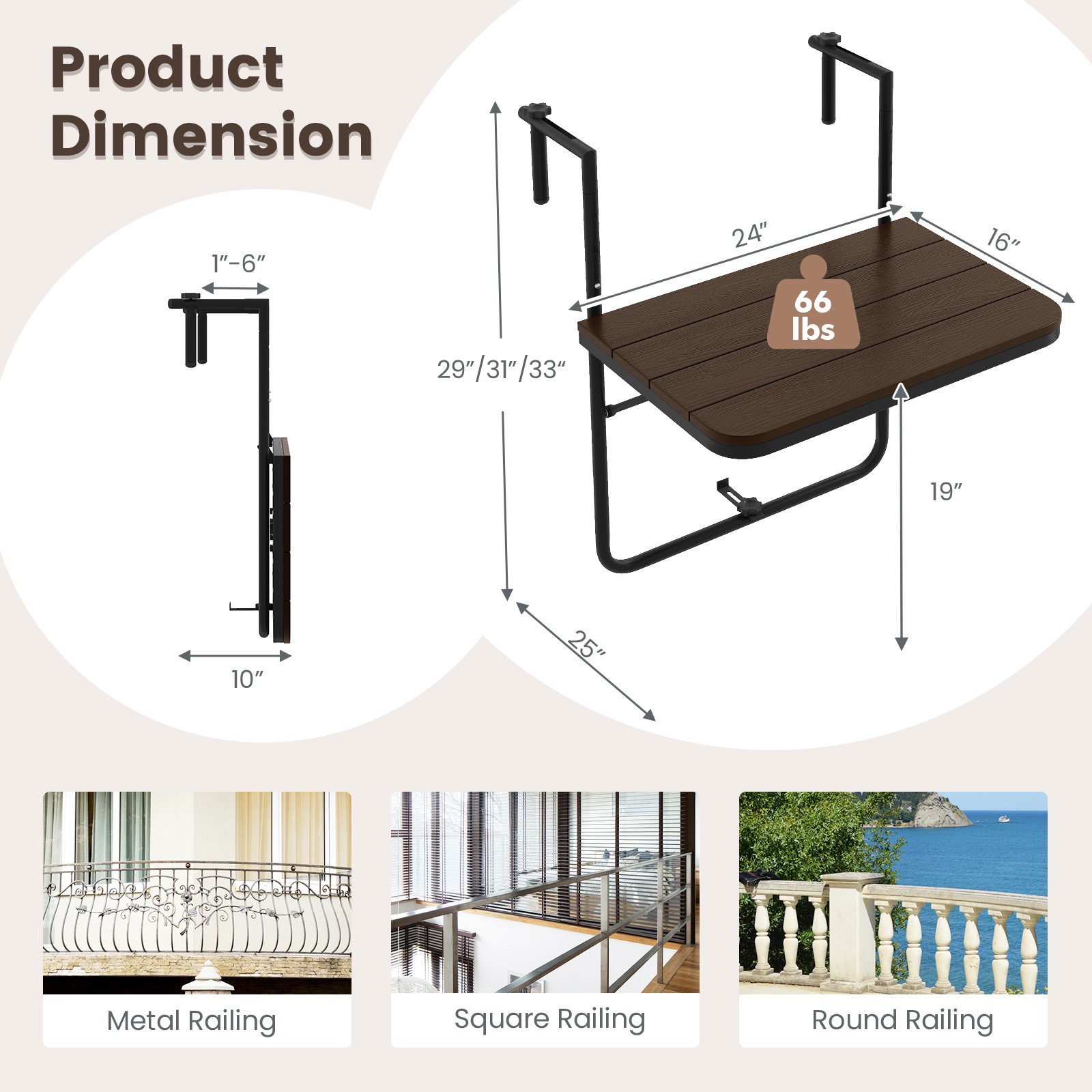 Folding Hanging Table Outdoor Railing Table w/ 3-Level Adjustable Height