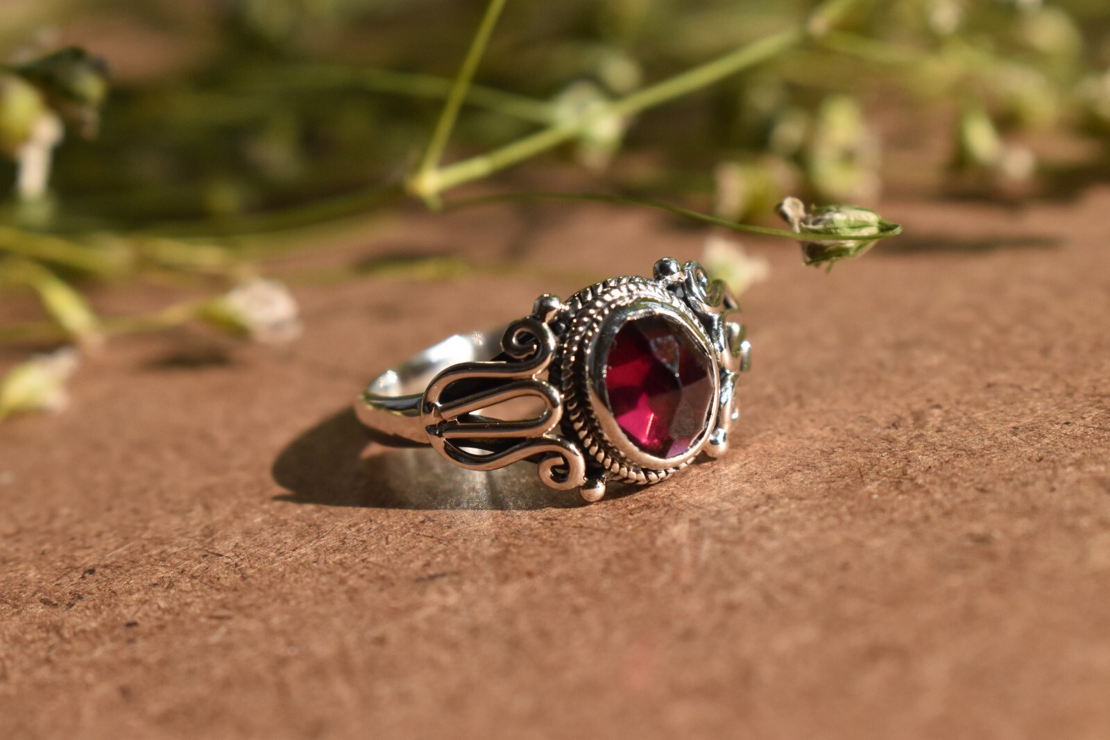 Red Garnet Handmade Ring 925 Sterling Silver Boho Design