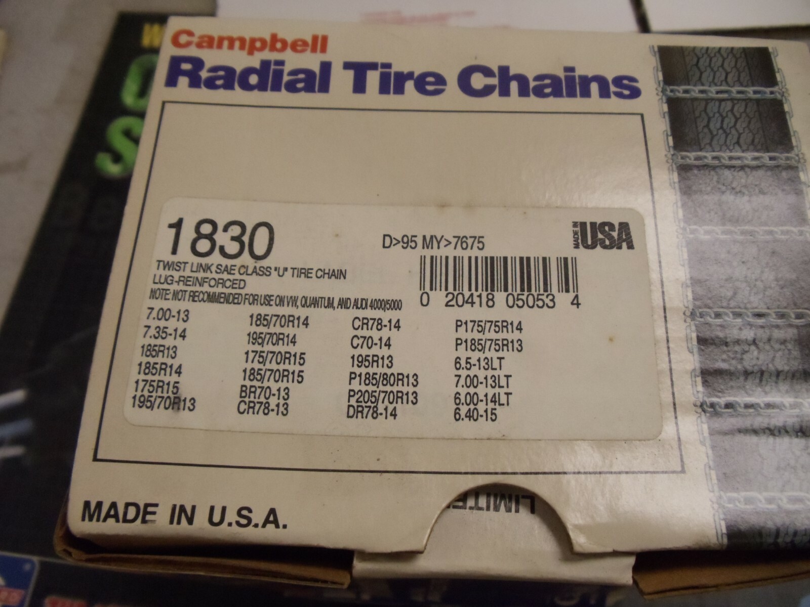 Tire Snow Chains USA made 1830 Campbell 13-14-15 V- Bars