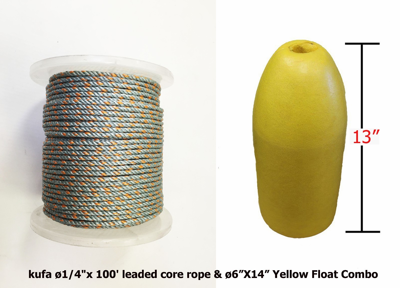 KUFA SPORTS 1/4" Diameter/400' Lead Core Rope & 14" Yellow Float Combo …