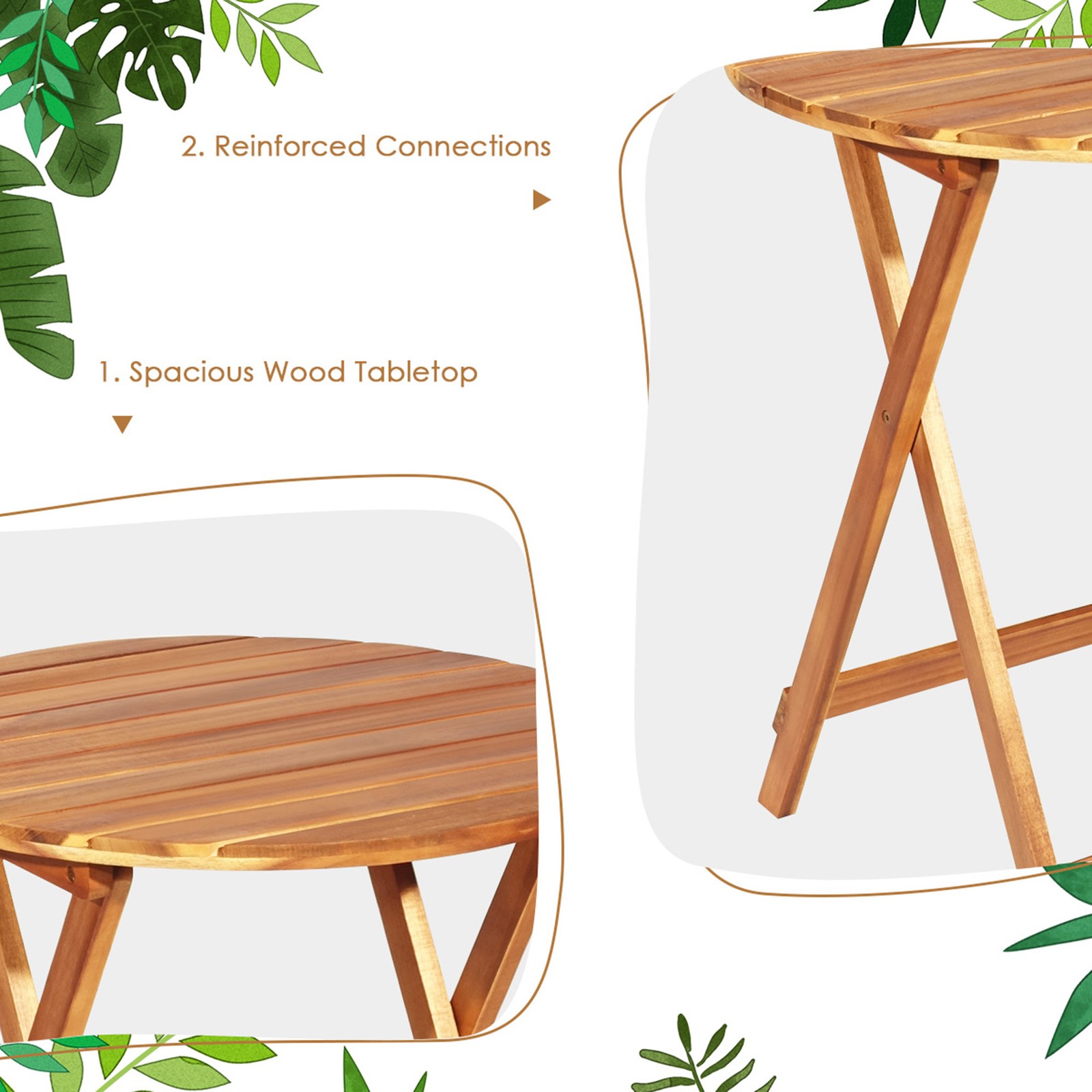 3PCS Folding Patio Conversation Set Acacia Wood Bistro Set w/ Cushions