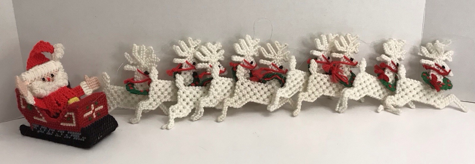 Vintage Handmade Santa Sleigh & Reindeer Plastic Canvas Needlepoint