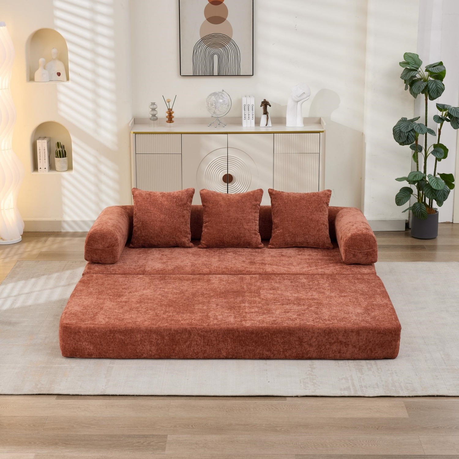 Modern Convertible Floor Sofa Bed Folding Mattress Couch w/ Armrests & Pillows