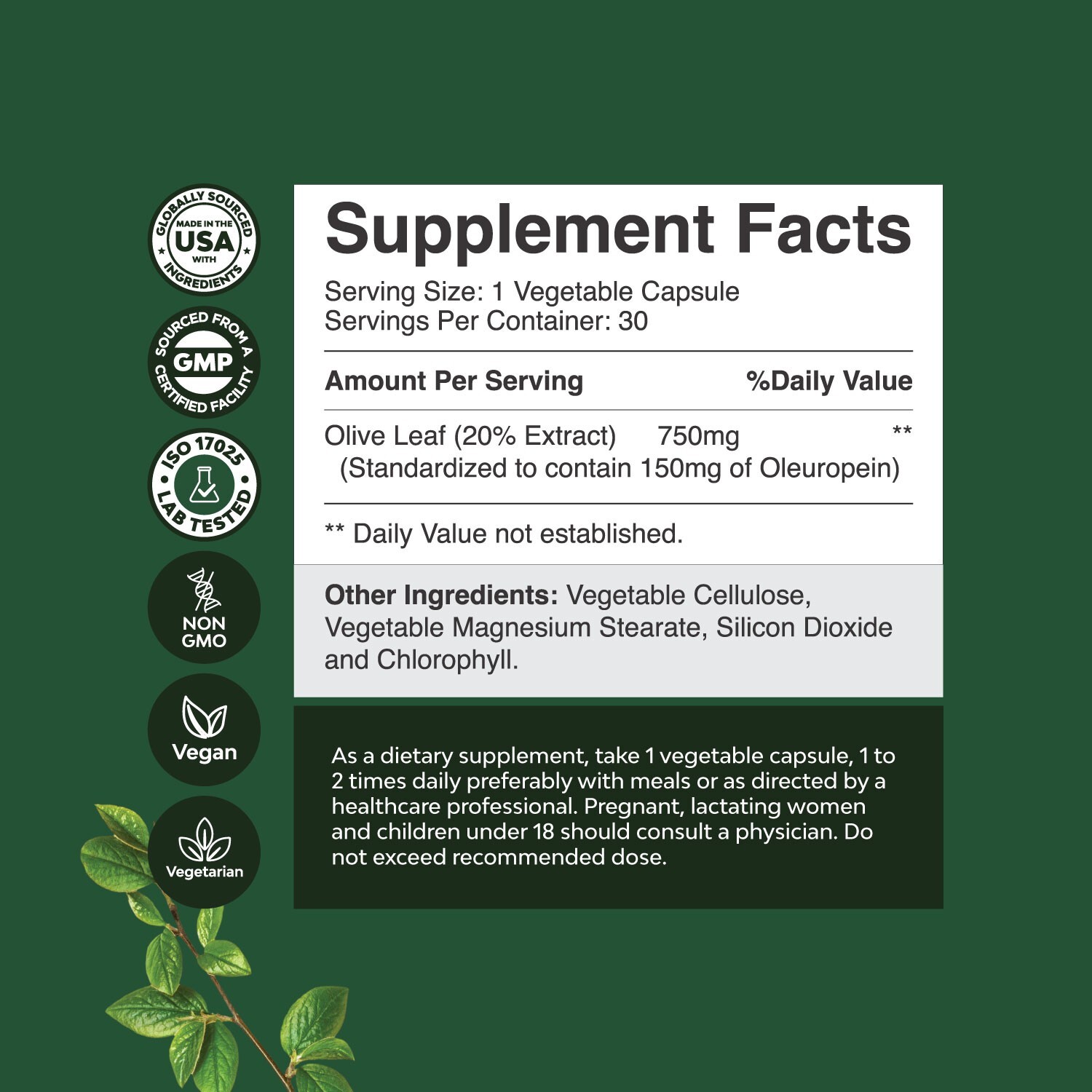 Potent Olive Leaf Extract Capsules - High Strength Antioxidant Supplement 30ct