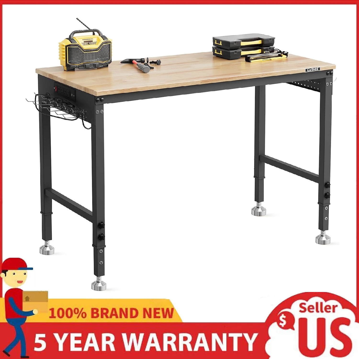 48" Workbench Adjustable Height Work Table Garage 2000LBS Load with Power Outlet