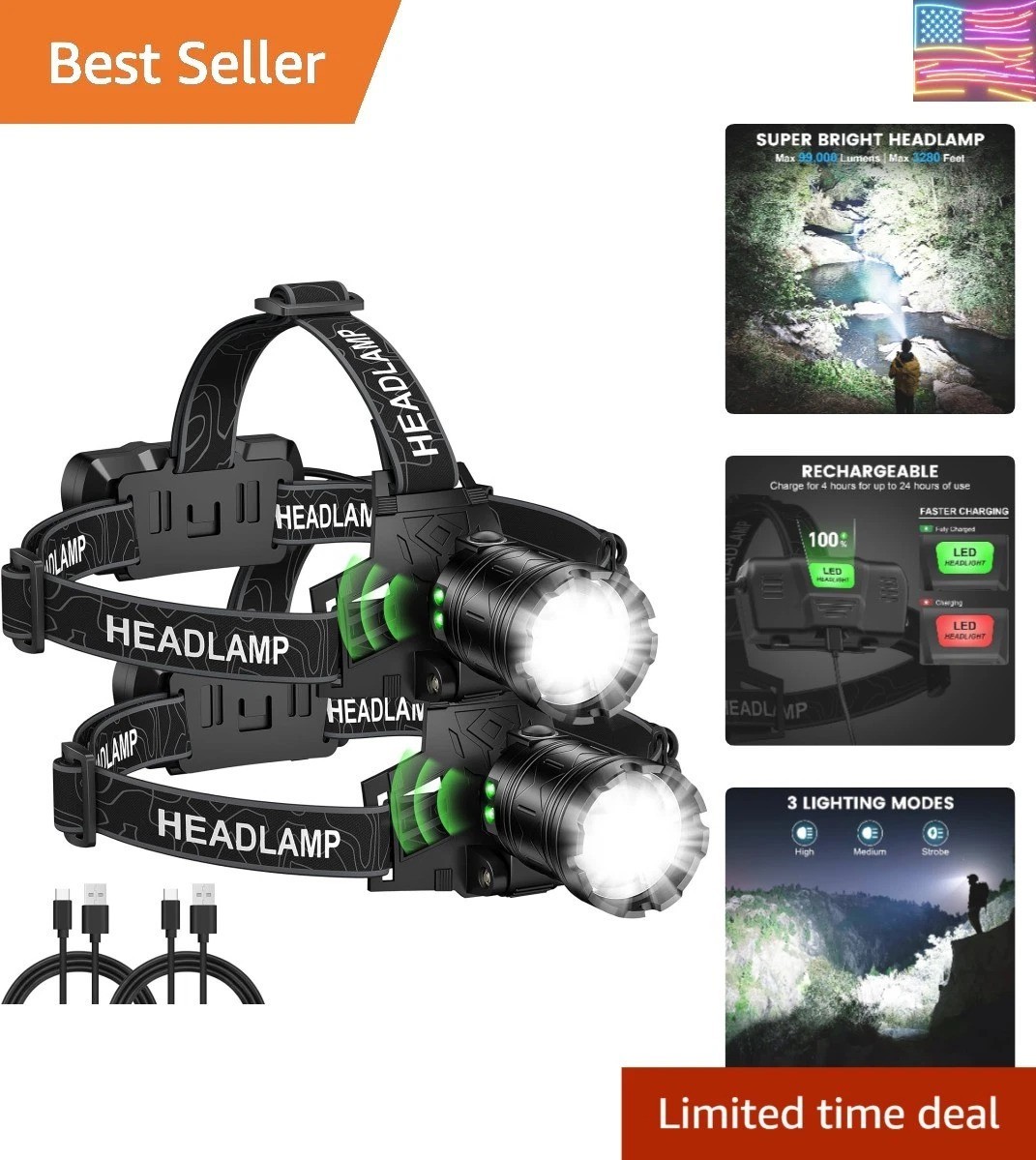 Headlamp Rechargeable 99,000LM Super Bright, 2pack LED Head Lamp with 3 Modes...
