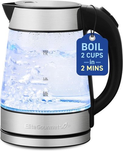 Elite Gourmet EKT-602 Electric BPA-Free Glass Kettle, Stainless Steel/Glass
