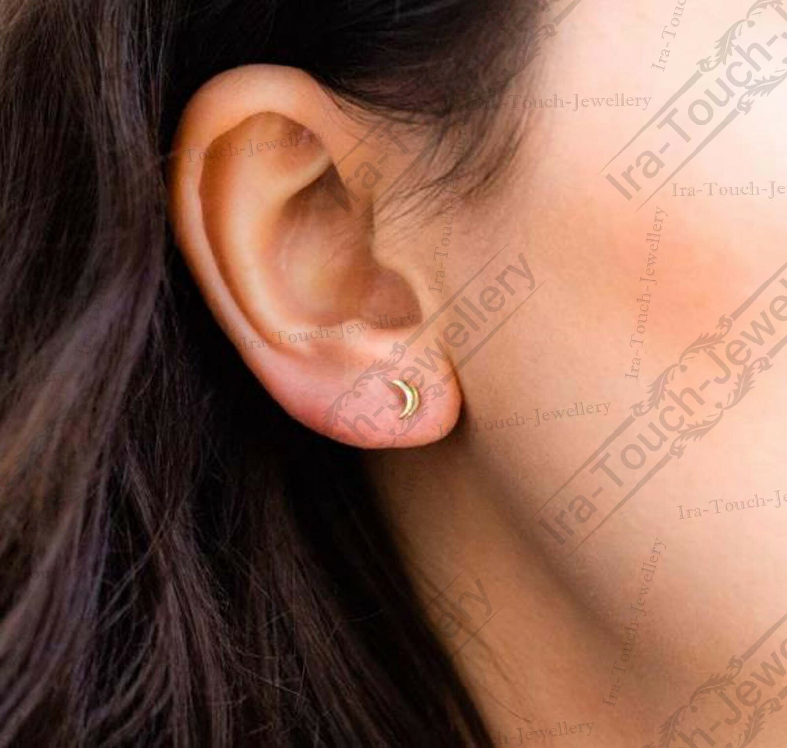 Solid 14k Yellow Gold Over Moon Stud Earrings For Womens