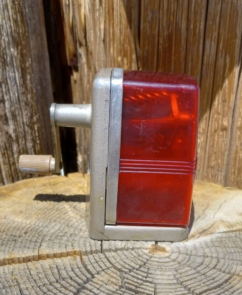 Vtg. Bostonette pencil sharpener ruby red translucent wall/desk mount Hunt Mfg.
