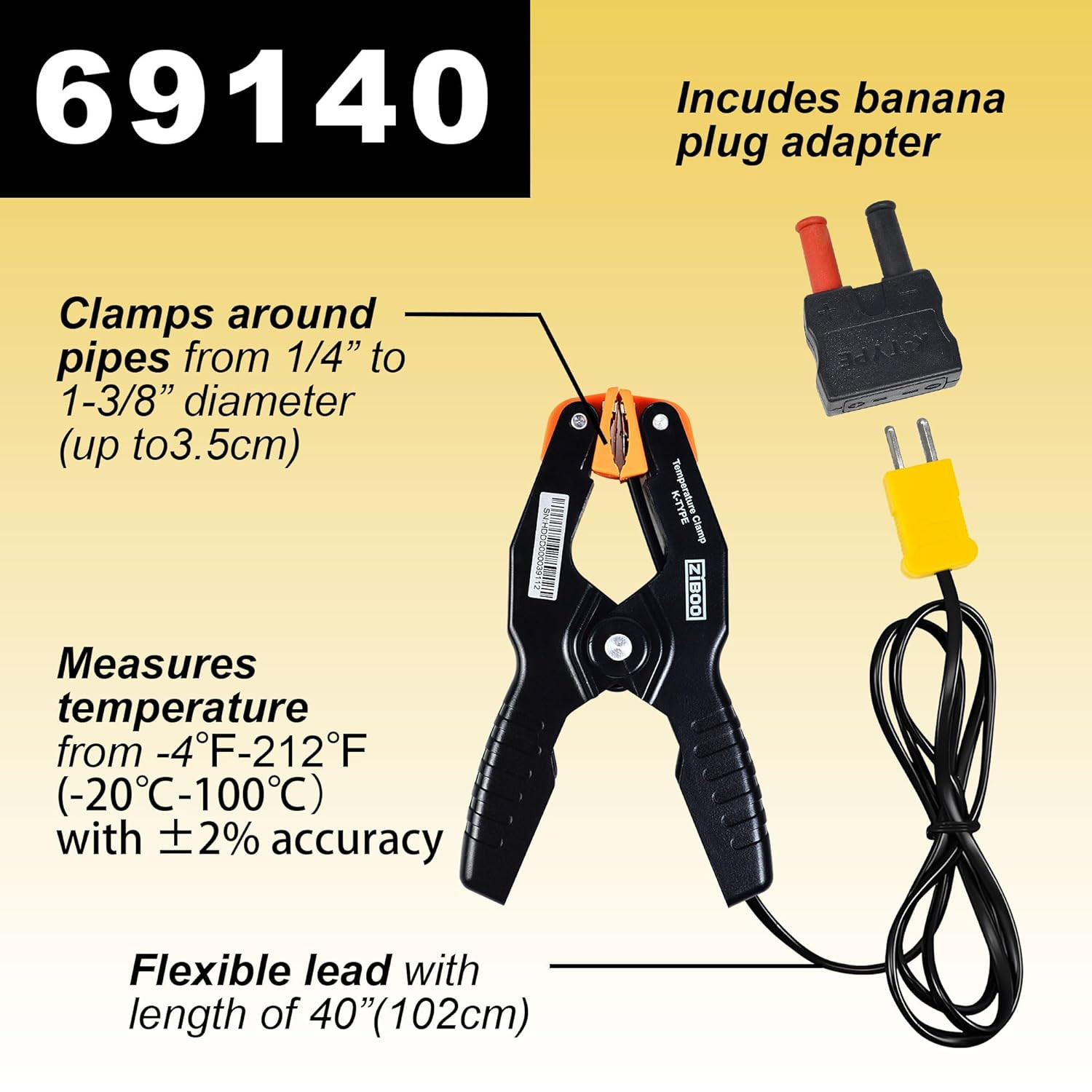 69140 K-Type Thermometer, Pipe Temperature Clamp for Hvac/Multimeter, Temperatur
