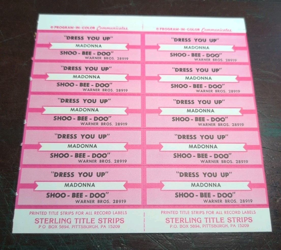 Sterling Jukebox Title Strips Full Sheet Of (10) Madonna "Dress You Up"