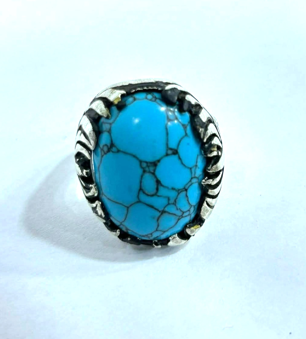 ​Royal 925 Sterling Silver Ring with Pure Blue Turquoise - 11g - Size 11 US