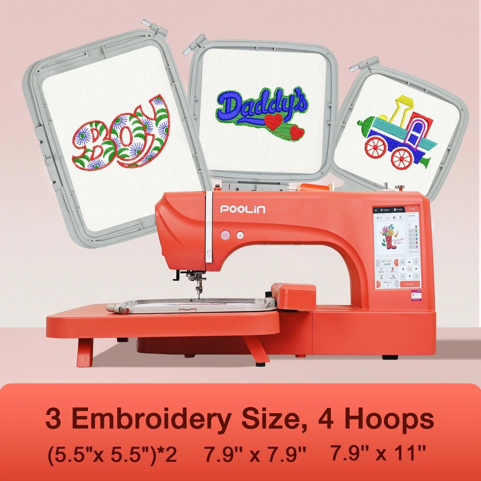 POOLIN EOC06 7.9in x 11in Embroidery Machine & 166 Thread Spool Bundle - Red