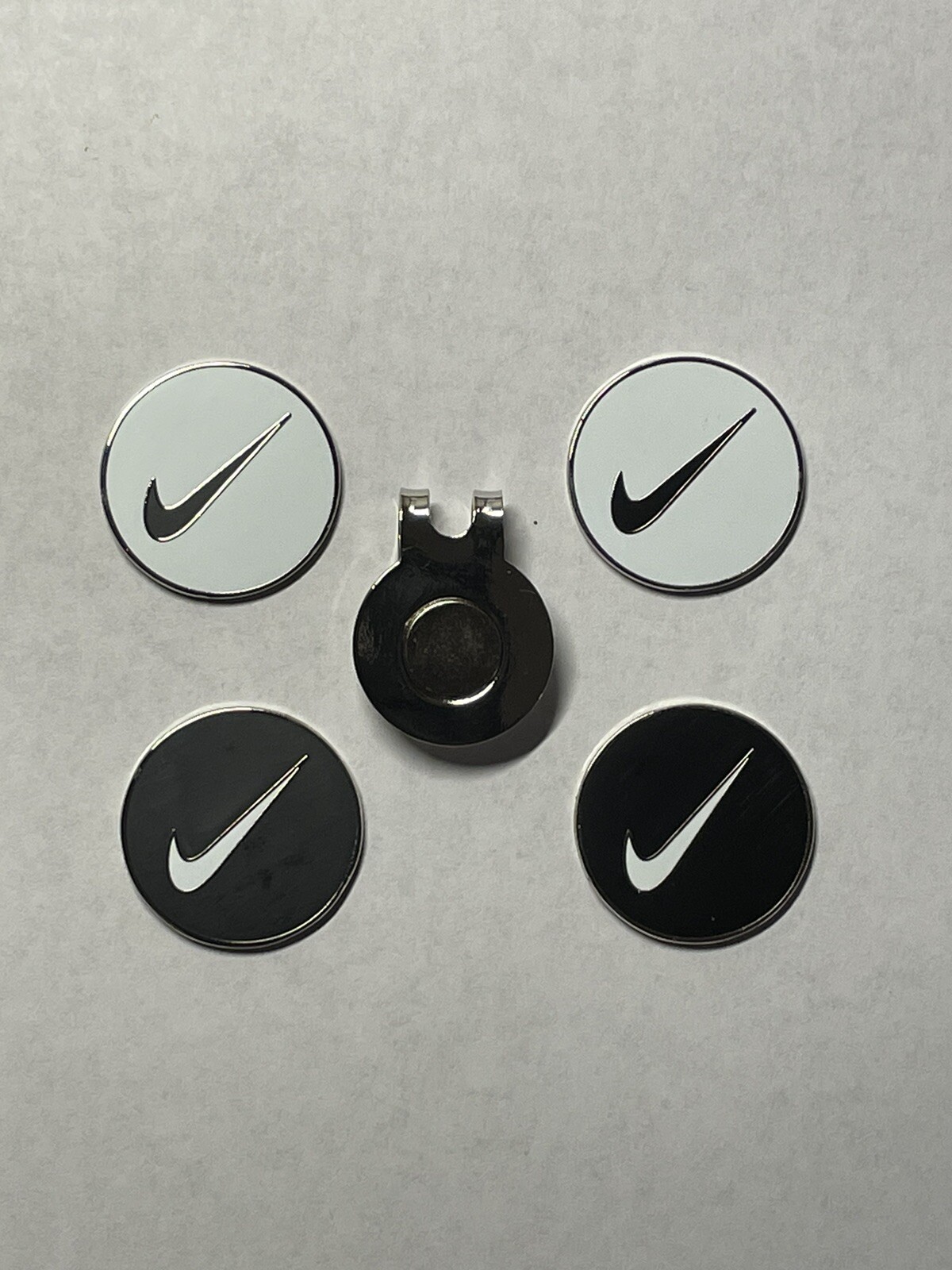 (4) Nike Swoosh 1" Coin Style Golf Markers W/BONUS HAT CLIP - A Great Deal!