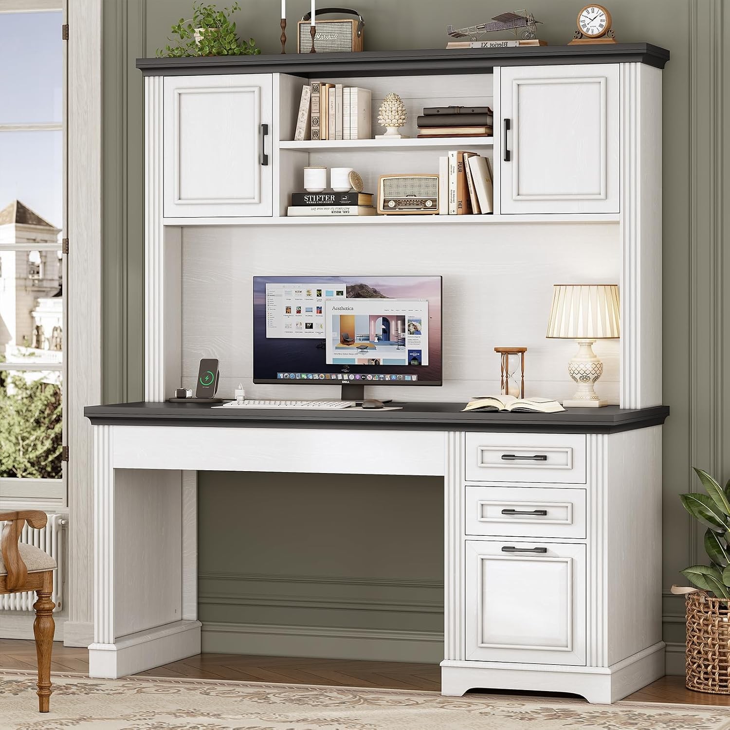 Farmhouse Computer Desk W/ Hutch & 3 Drawers 47.2" Executive Office Desk