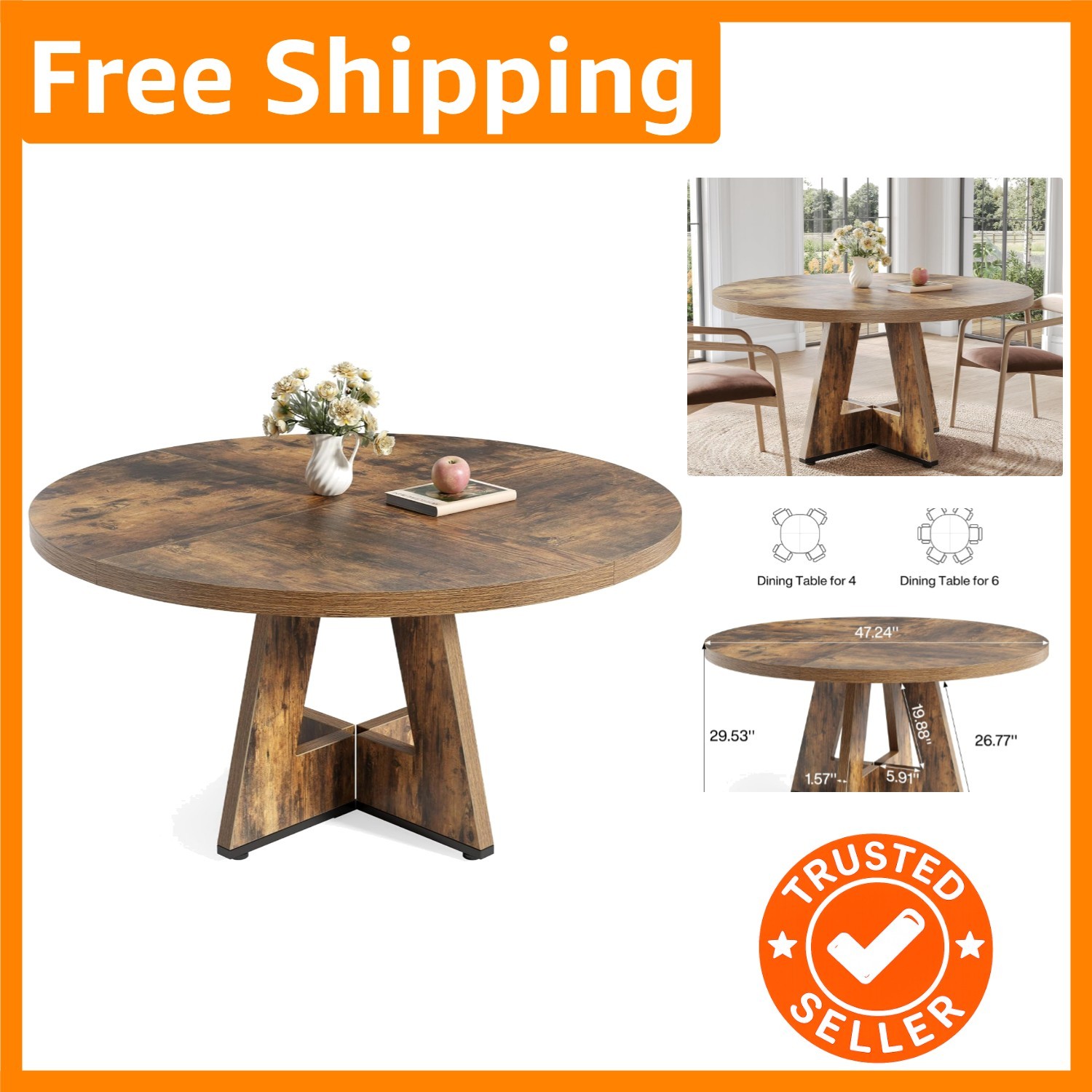 Rustic Brown Round Dining Table for 4-6 - Perfect for Dining Rooms & Kitchens