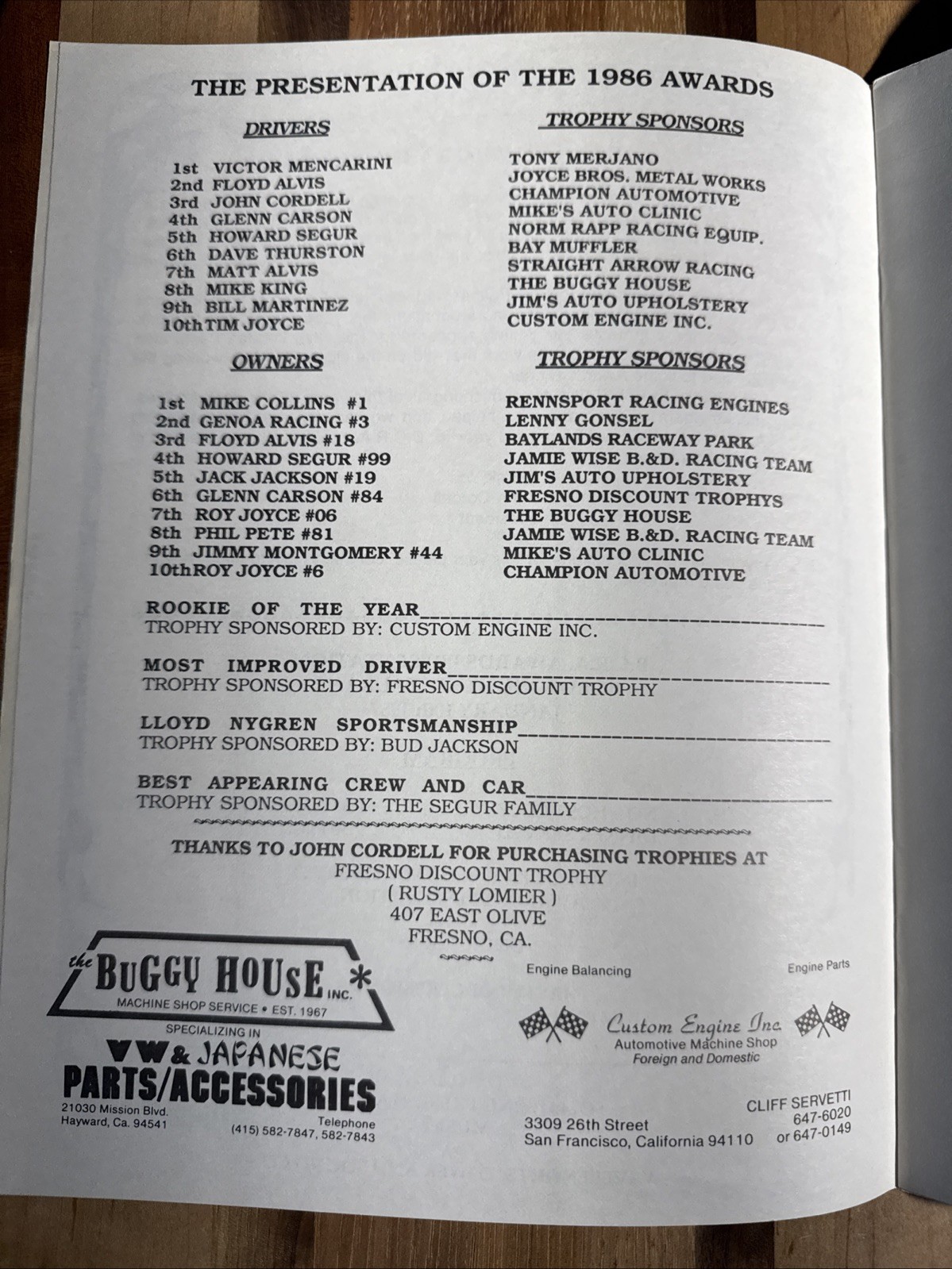 1987 BCRA Bay Cities Racing Association Awards Banquet Program
