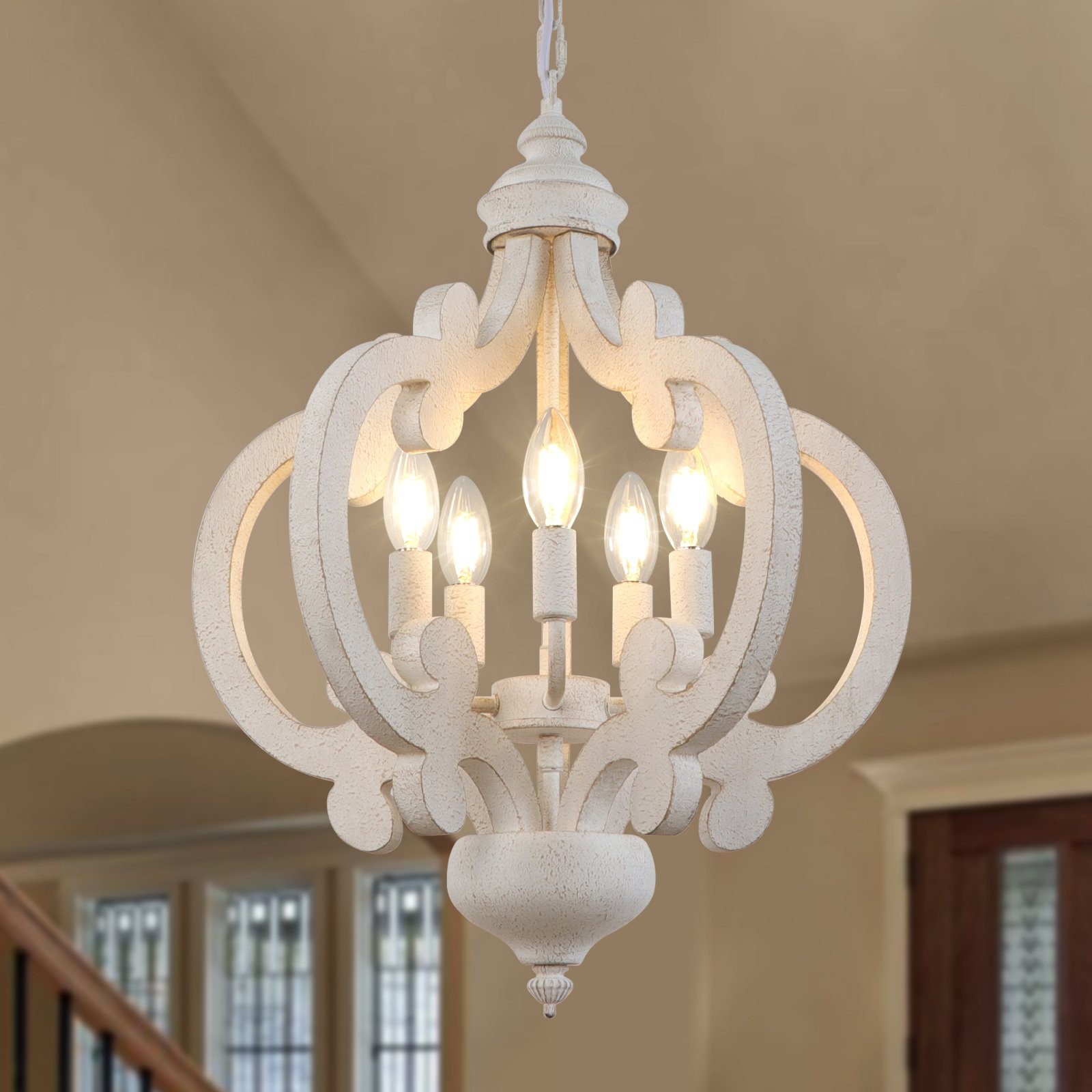 Wood Chandelier Vintage French Country Pendant Light Fixture White Lighting Home