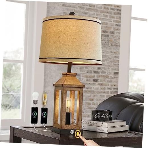 23.75" Farmhouse Table Lamps USB A+C Charging Ports 3-Way Dimmable Touch Wood