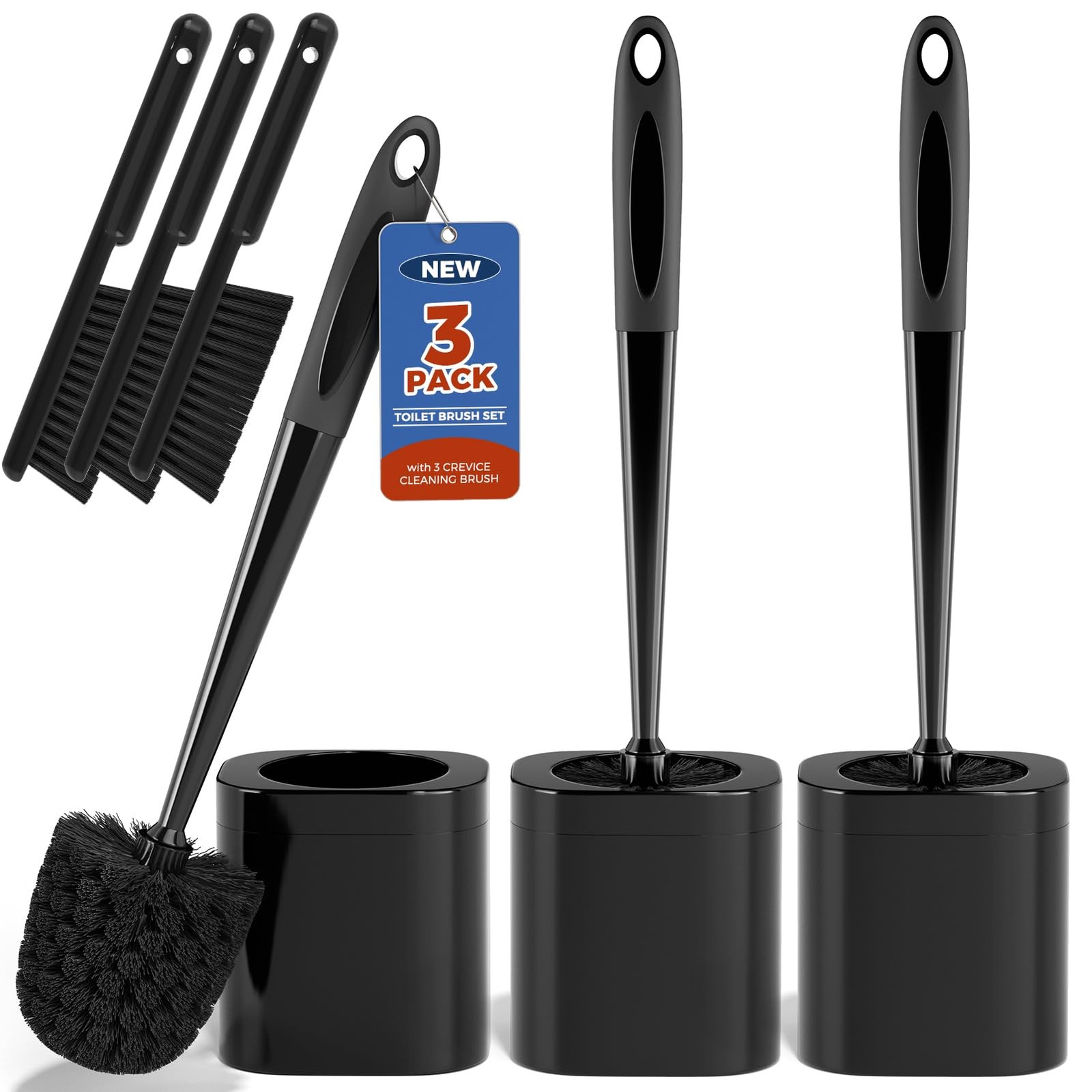 Toilet Brush, 3 Pack Brush and Holder Set Bathroom Accessories, Black