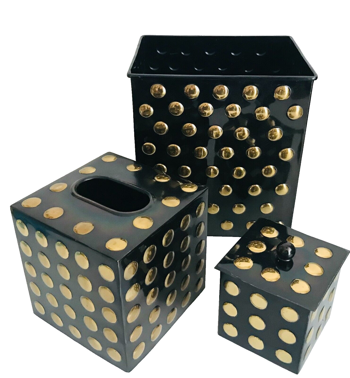 3 Piece Set Black & Gold Polka Dot Bathroom Trash Tissue Nesting Matching Metal