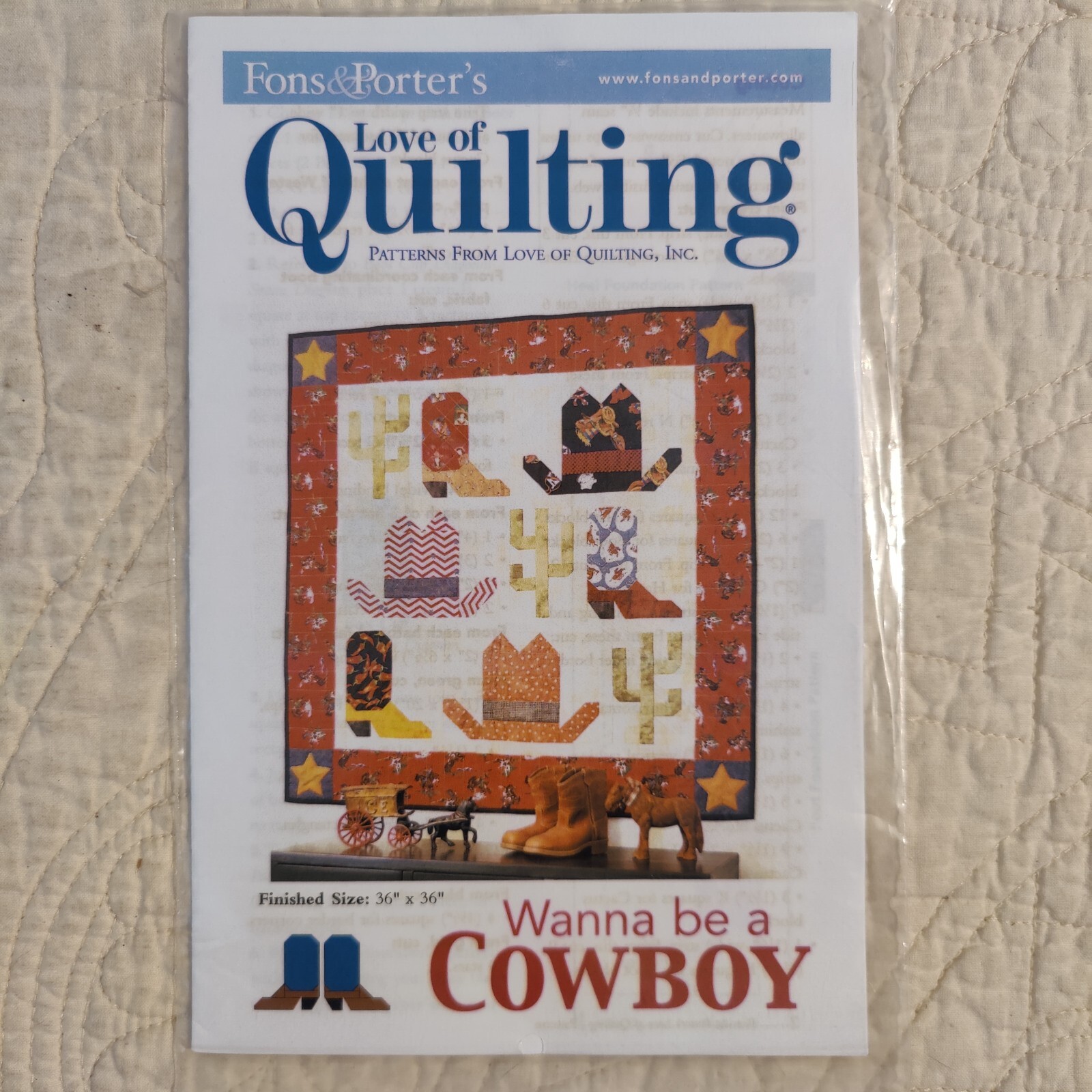 Cowboy Patchwork Wall Quilt Pattern 36x36" Western Southwestern Boots & Cactus