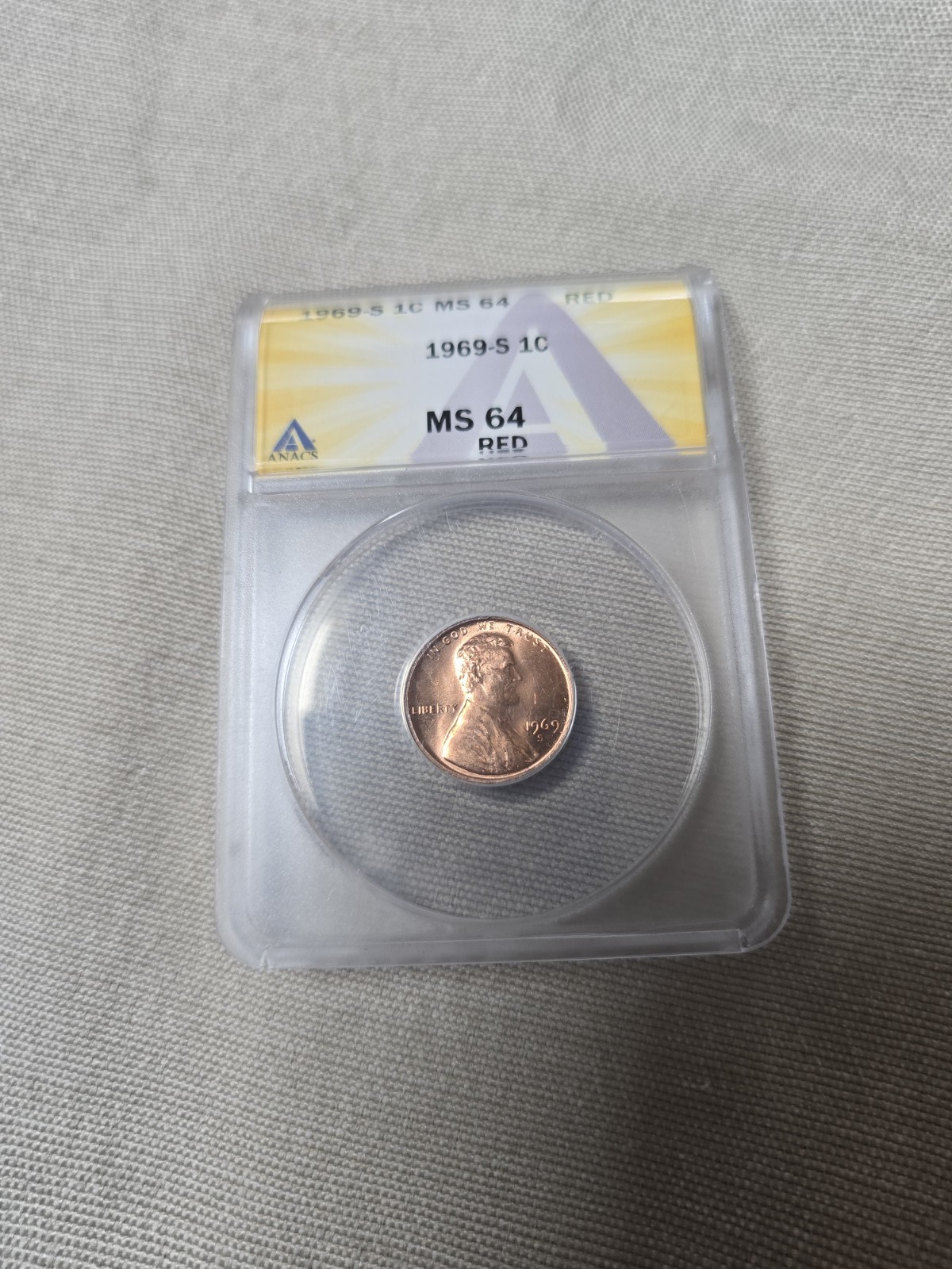 1969-S Lincoln Memorial Cent, 1c, Penny - Graded ANACS MS64 Red