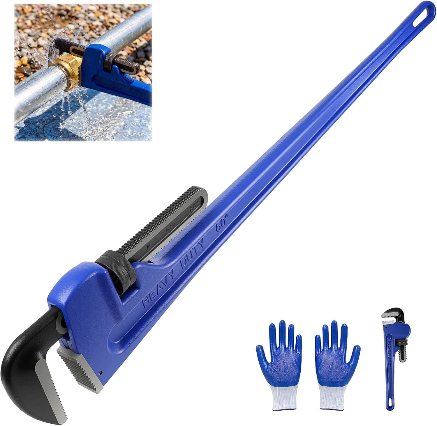 60 Inch Pipe Wrench, Jaw Opening Max 9", Adjustable Plumber Tool , Blue