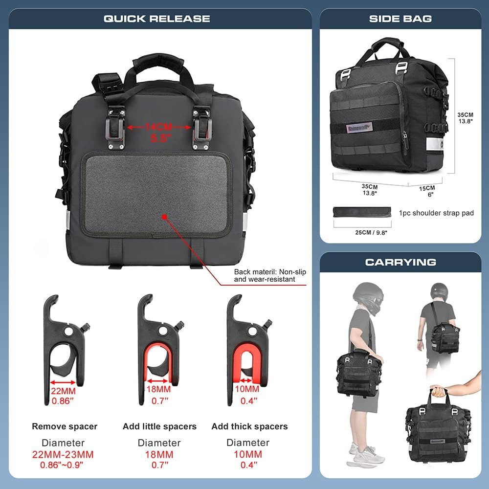 Waterproof Motorcycle Saddle Bag 20L Quick Release Side Pannier - Black